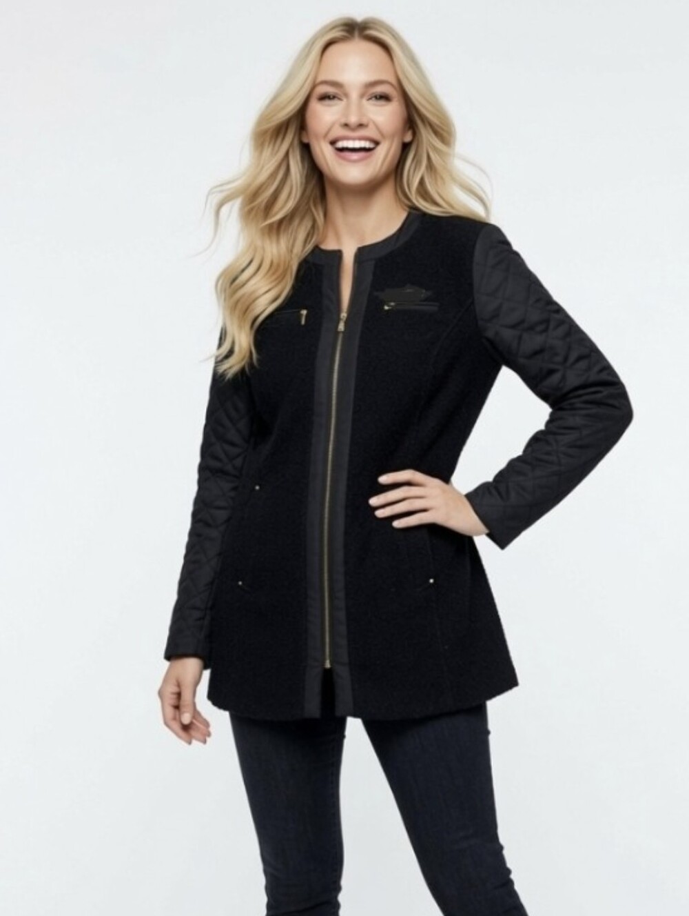 Apt. 9 Black Quilted-Sleeve Zip-Front Coat (Size: Large)